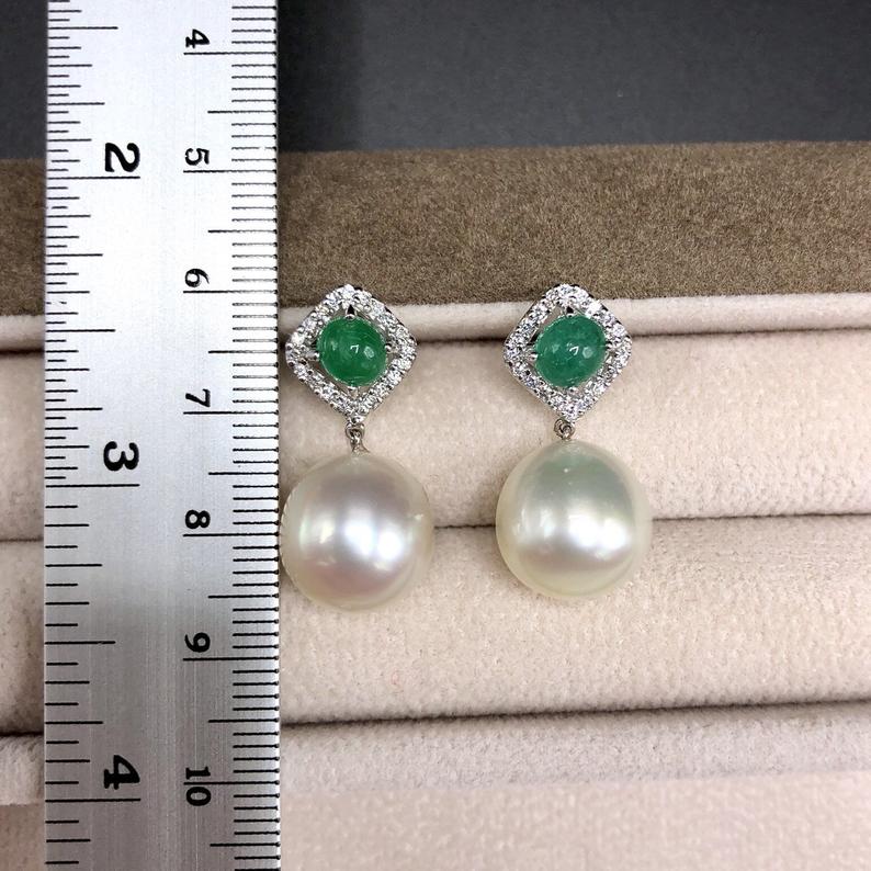 COLOMBIAN Emerald South Sea 13mm Pearls & Diamonds 18K Solid white Gold Earrings handmade white wedding estate vintage dangling drop natural