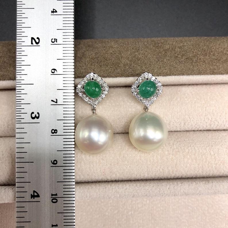 COLOMBIAN Emerald South Sea 13mm Pearls & Diamonds 18K Solid white Gold Earrings handmade white wedding estate vintage dangling drop natural