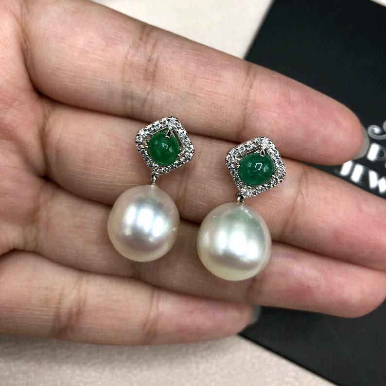 COLOMBIAN Emerald South Sea 13mm Pearls & Diamonds 18K Solid white Gold Earrings handmade white wedding estate vintage dangling drop natural