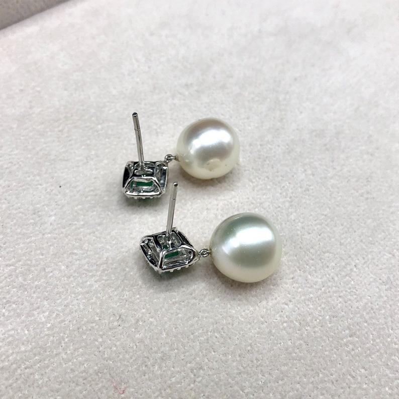 COLOMBIAN Emerald South Sea 13mm Pearls & Diamonds 18K Solid white Gold Earrings handmade white wedding estate vintage dangling drop natural