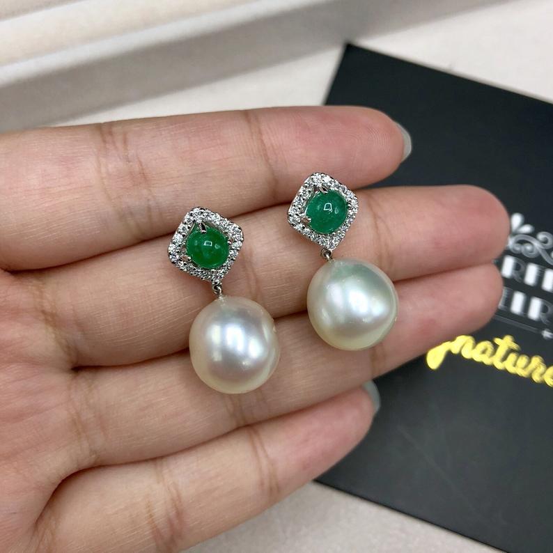 COLOMBIAN Emerald South Sea 13mm Pearls & Diamonds 18K Solid white Gold Earrings handmade white wedding estate vintage dangling drop natural