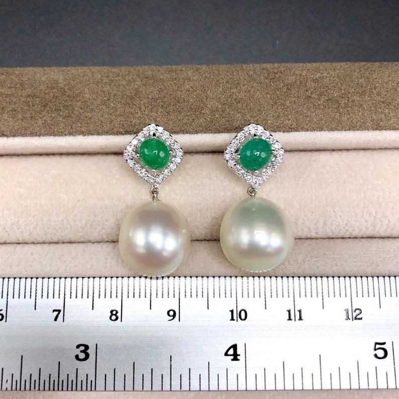 COLOMBIAN Emerald South Sea 13mm Pearls & Diamonds 18K Solid white Gold Earrings handmade white wedding estate vintage dangling drop natural