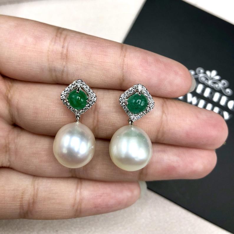 COLOMBIAN Emerald South Sea 13mm Pearls & Diamonds 18K Solid white Gold Earrings handmade white wedding estate vintage dangling drop natural