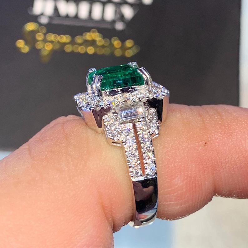 STUNNING! 4.32TCW Emerald VS Diamond 18k solid white gold ring engagement wedding colombian zambian Double halo modern natural art deco big