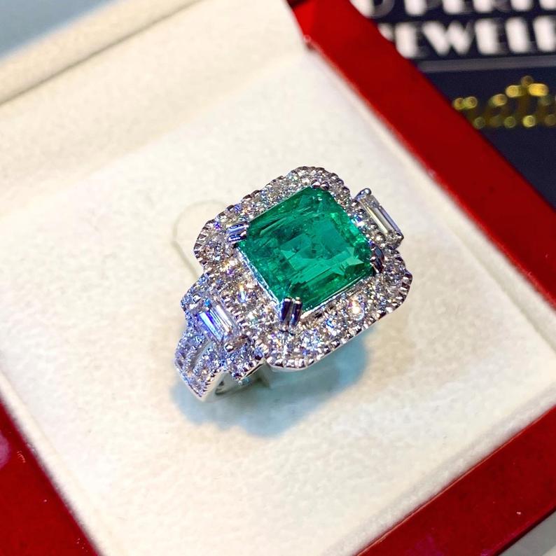 STUNNING! 4.32TCW Emerald VS Diamond 18k solid white gold ring engagement wedding colombian zambian Double halo modern natural art deco big