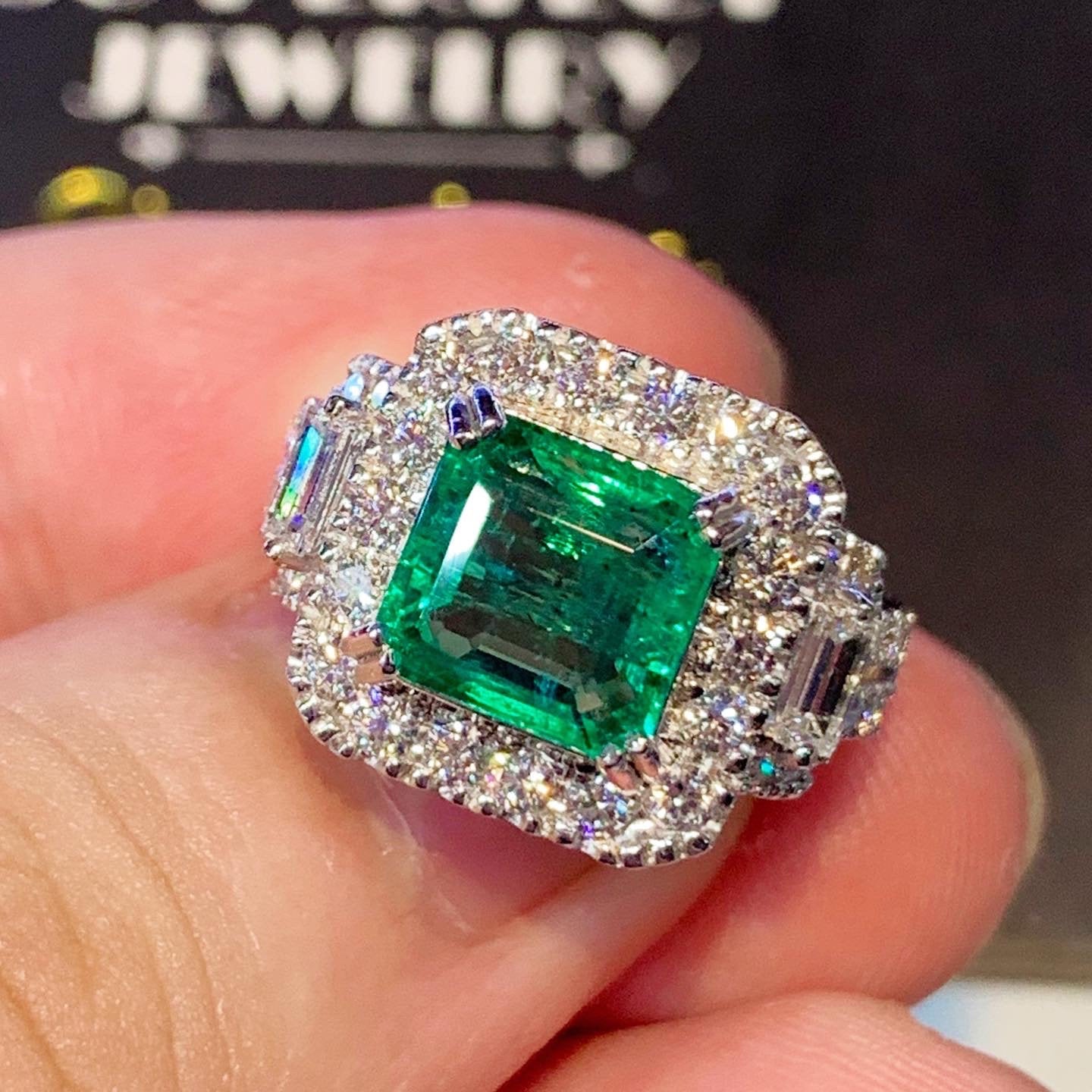 STUNNING! 4.32TCW Emerald VS Diamond 18k solid white gold ring engagement wedding colombian zambian Double halo modern natural art deco big