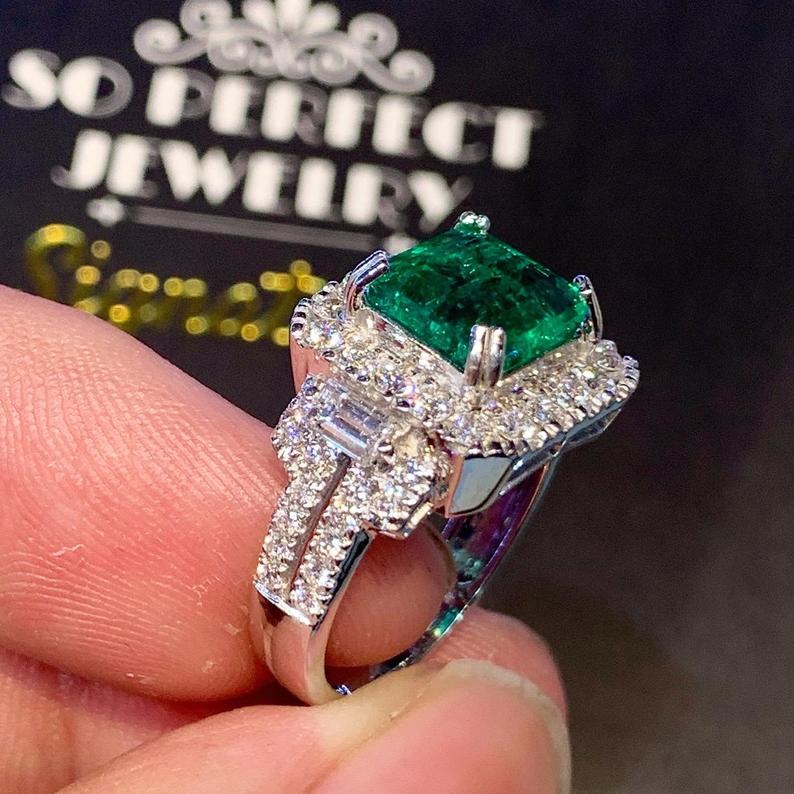 STUNNING! 4.32TCW Emerald VS Diamond 18k solid white gold ring engagement wedding colombian zambian Double halo modern natural art deco big