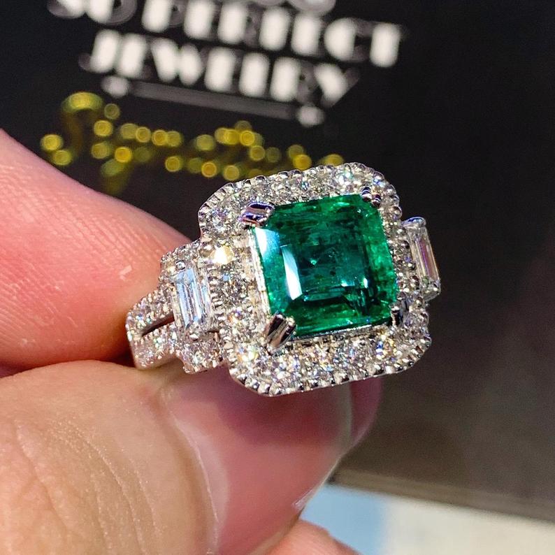 STUNNING! 4.32TCW Emerald VS Diamond 18k solid white gold ring engagement wedding colombian zambian Double halo modern natural art deco big