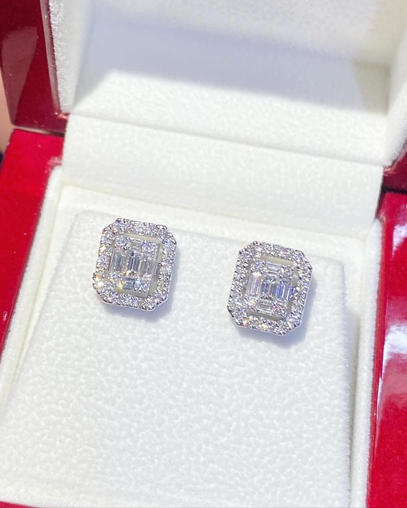 1.06TCW Emerald Cut Diamond Illusion Setting Natural 18K solid white gold handmade earrings studs wedding gift jacket rectangular invisible