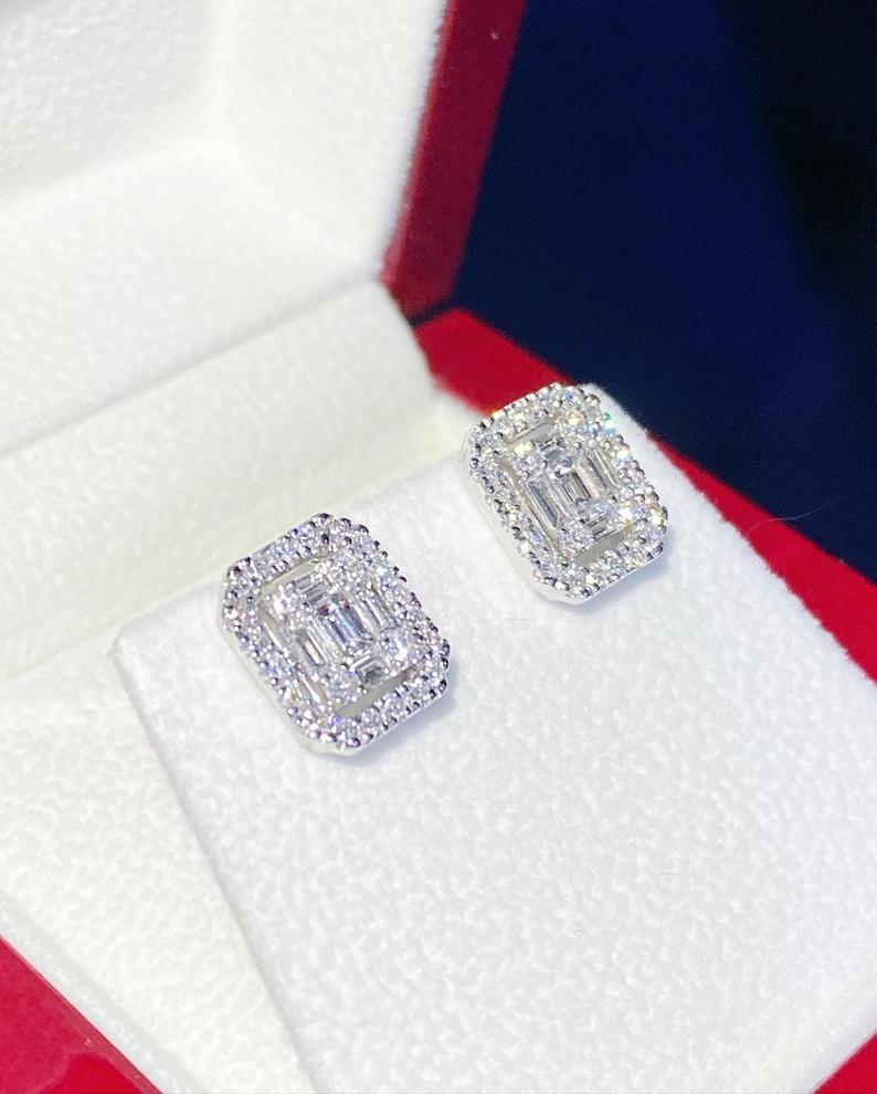 1.06TCW Emerald Cut Diamond Illusion Setting Natural 18K solid white gold handmade earrings studs wedding gift jacket rectangular invisible