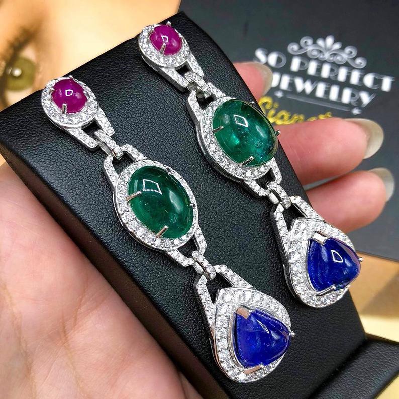 HUGE 38.05TCW Tanzanite Emerald Ruby VS Diamond in 18K solid WHITE gold handmade earrings dangle chandelier Zambian sapphire Tri-color three