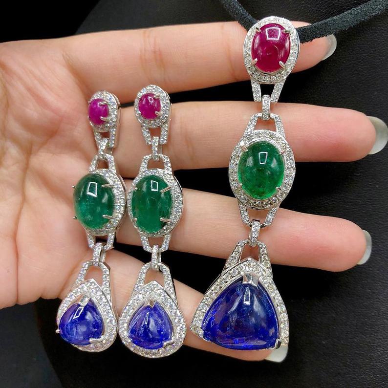 HUGE 38.05TCW Tanzanite Emerald Ruby VS Diamond in 18K solid WHITE gold handmade earrings dangle chandelier Zambian sapphire Tri-color three