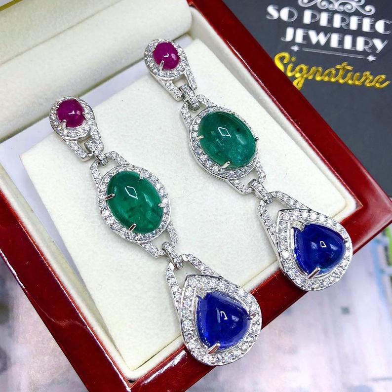 HUGE 38.05TCW Tanzanite Emerald Ruby VS Diamond in 18K solid WHITE gold handmade earrings dangle chandelier Zambian sapphire Tri-color three