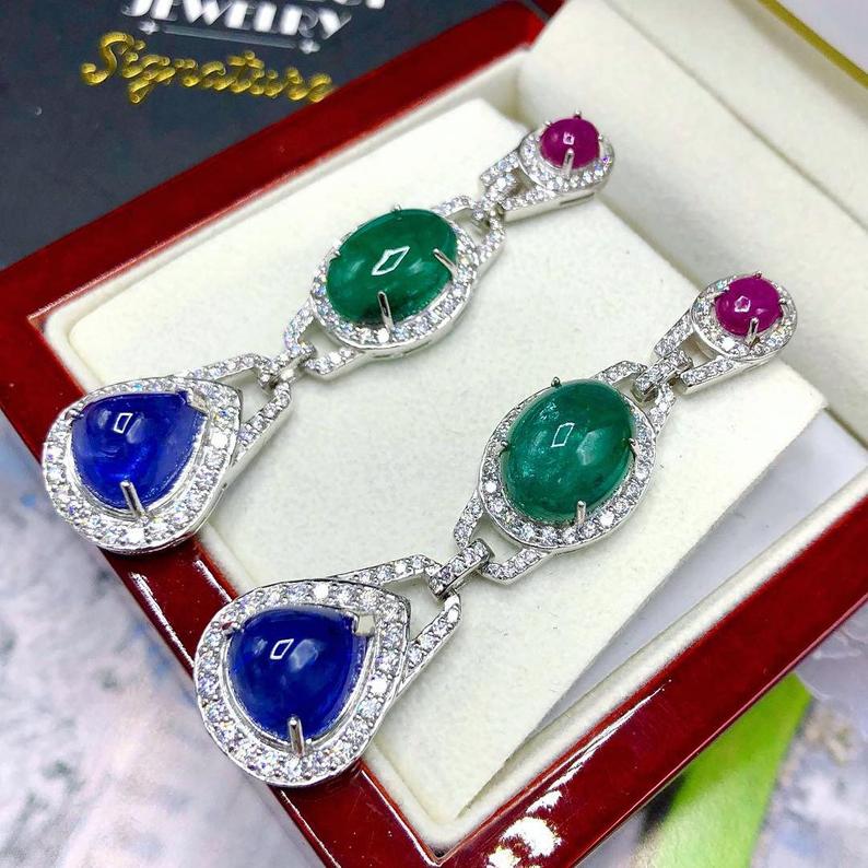 HUGE 38.05TCW Tanzanite Emerald Ruby VS Diamond in 18K solid WHITE gold handmade earrings dangle chandelier Zambian sapphire Tri-color three