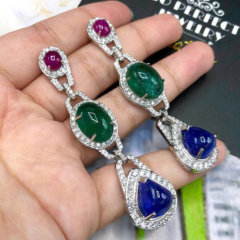 HUGE 38.05TCW Tanzanite Emerald Ruby VS Diamond in 18K solid WHITE gold handmade earrings dangle chandelier Zambian sapphire Tri-color three