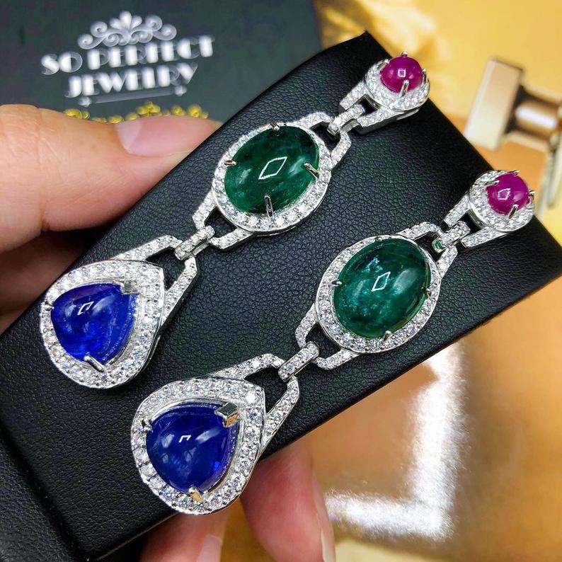 HUGE 38.05TCW Tanzanite Emerald Ruby VS Diamond in 18K solid WHITE gold handmade earrings dangle chandelier Zambian sapphire Tri-color three