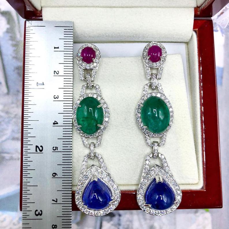 HUGE 38.05TCW Tanzanite Emerald Ruby VS Diamond in 18K solid WHITE gold handmade earrings dangle chandelier Zambian sapphire Tri-color three