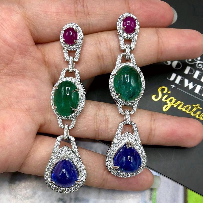 HUGE 38.05TCW Tanzanite Emerald Ruby VS Diamond in 18K solid WHITE gold handmade earrings dangle chandelier Zambian sapphire Tri-color three