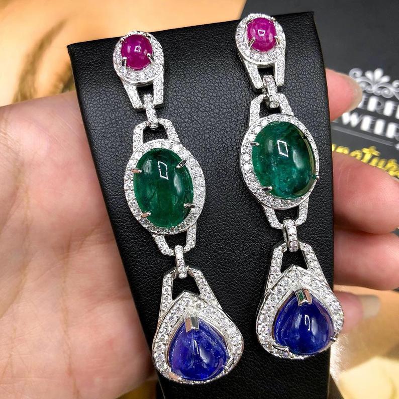 HUGE 38.05TCW Tanzanite Emerald Ruby VS Diamond in 18K solid WHITE gold handmade earrings dangle chandelier Zambian sapphire Tri-color three