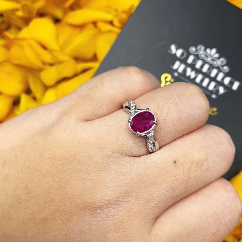 BURMESE RED 1.44TCW Natural Ruby & Diamonds in 18K solid white gold ring handmade engagement BURMA heat only certified modern wedding Pink