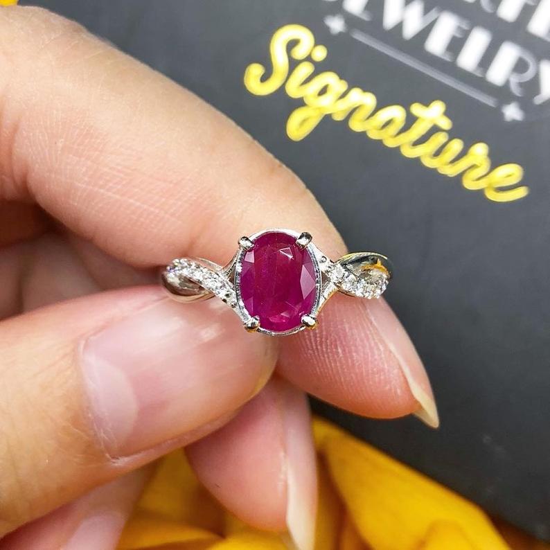 BURMESE RED 1.44TCW Natural Ruby & Diamonds in 18K solid white gold ring handmade engagement BURMA heat only certified modern wedding Pink