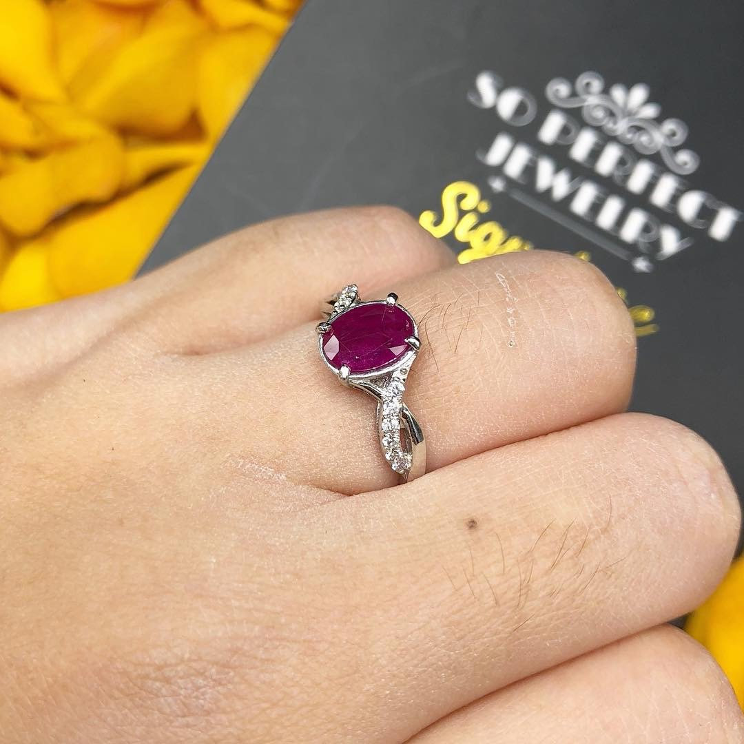 BURMESE RED 1.44TCW Natural Ruby & Diamonds in 18K solid white gold ring handmade engagement BURMA heat only certified modern wedding Pink