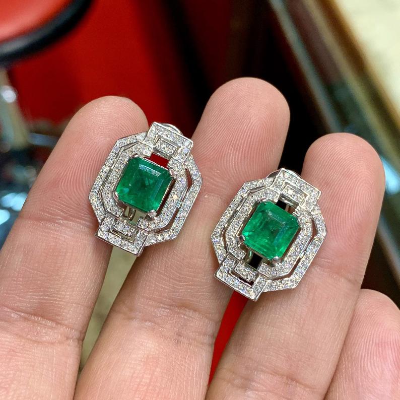 ART DECO! 6.23TCW Emerald VS Diamonds 18K solid white gold earrings studs natural certified zambian gift christmas vintage brand colombian