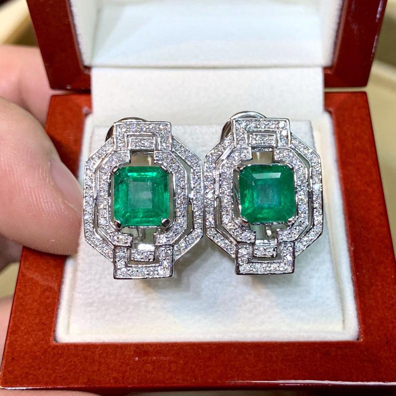 ART DECO! 6.23TCW Emerald VS Diamonds 18K solid white gold earrings studs natural certified zambian gift christmas vintage brand colombian