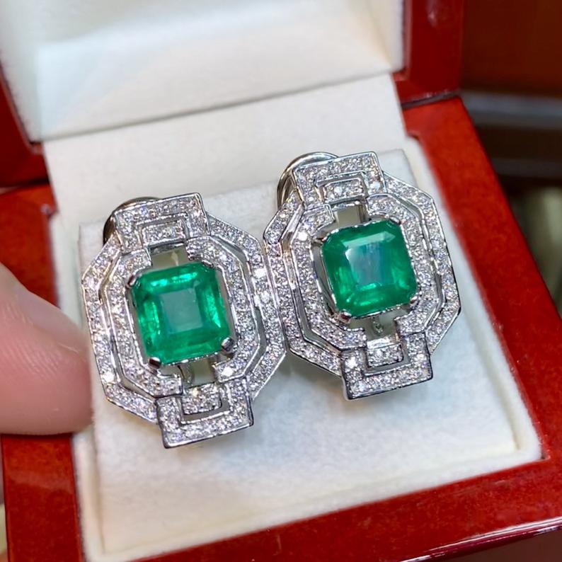 ART DECO! 6.23TCW Emerald VS Diamonds 18K solid white gold earrings studs natural certified zambian gift christmas vintage brand colombian