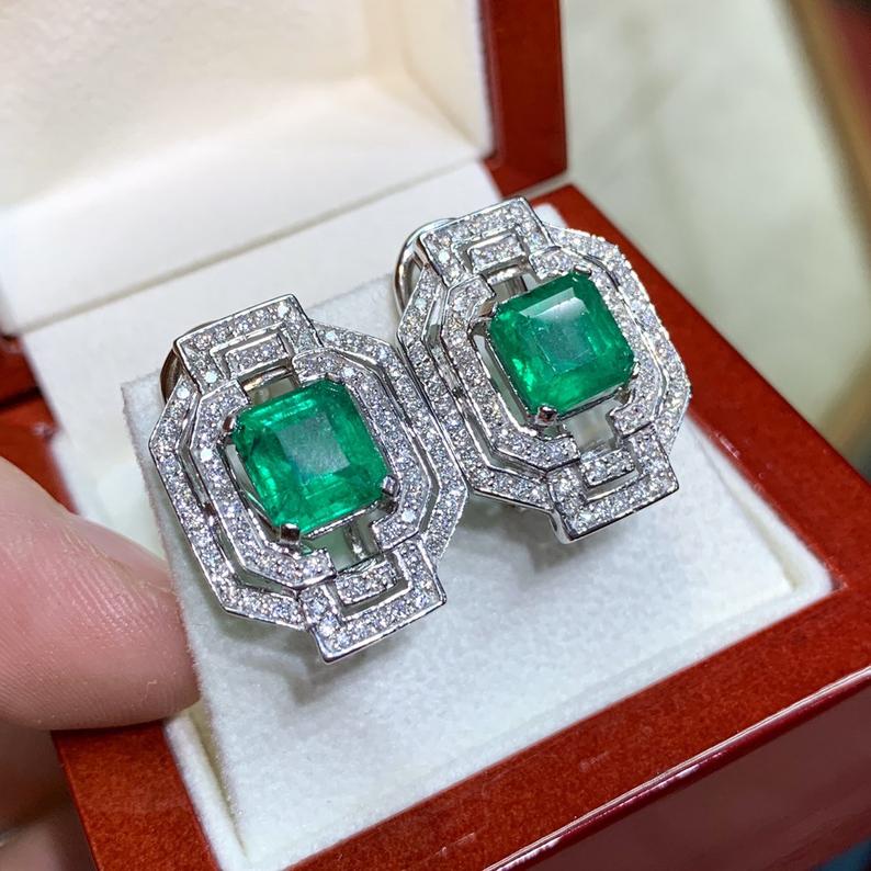 ART DECO! 6.23TCW Emerald VS Diamonds 18K solid white gold earrings studs natural certified zambian gift christmas vintage brand colombian