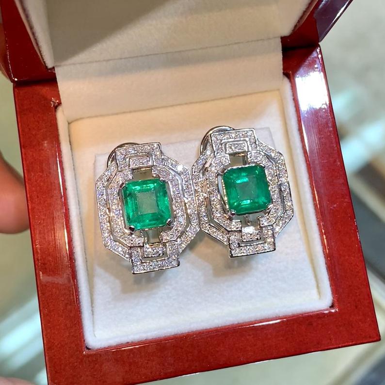 ART DECO! 6.23TCW Emerald VS Diamonds 18K solid white gold earrings studs natural certified zambian gift christmas vintage brand colombian