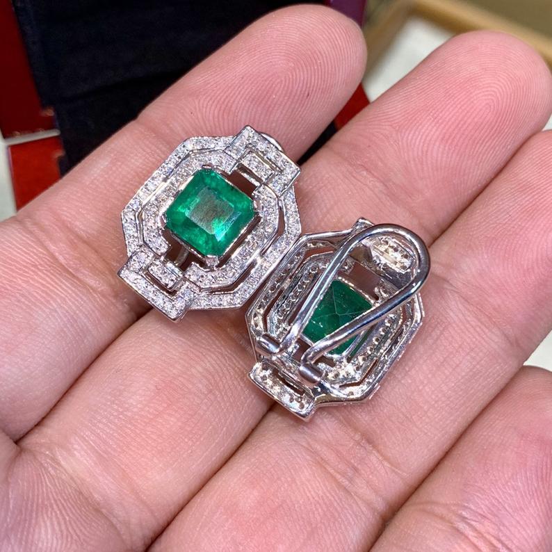 ART DECO! 6.23TCW Emerald VS Diamonds 18K solid white gold earrings studs natural certified zambian gift christmas vintage brand colombian