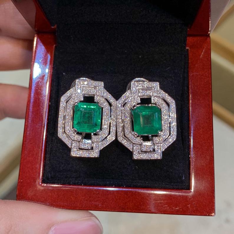 ART DECO! 6.23TCW Emerald VS Diamonds 18K solid white gold earrings studs natural certified zambian gift christmas vintage brand colombian