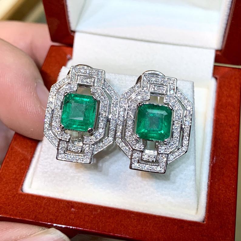 ART DECO! 6.23TCW Emerald VS Diamonds 18K solid white gold earrings studs natural certified zambian gift christmas vintage brand colombian