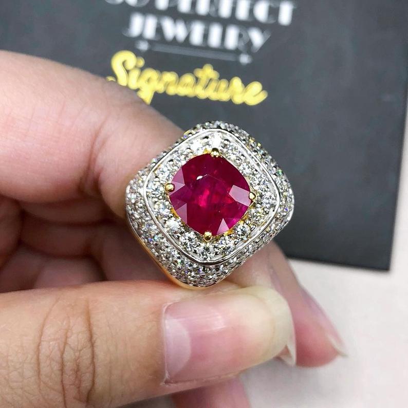 BURMESE 7.20TCW Natural Ruby Diamonds in 18K solid yellow gold ring handmade engagement BURMA certified modern unisex man's mens gentleman