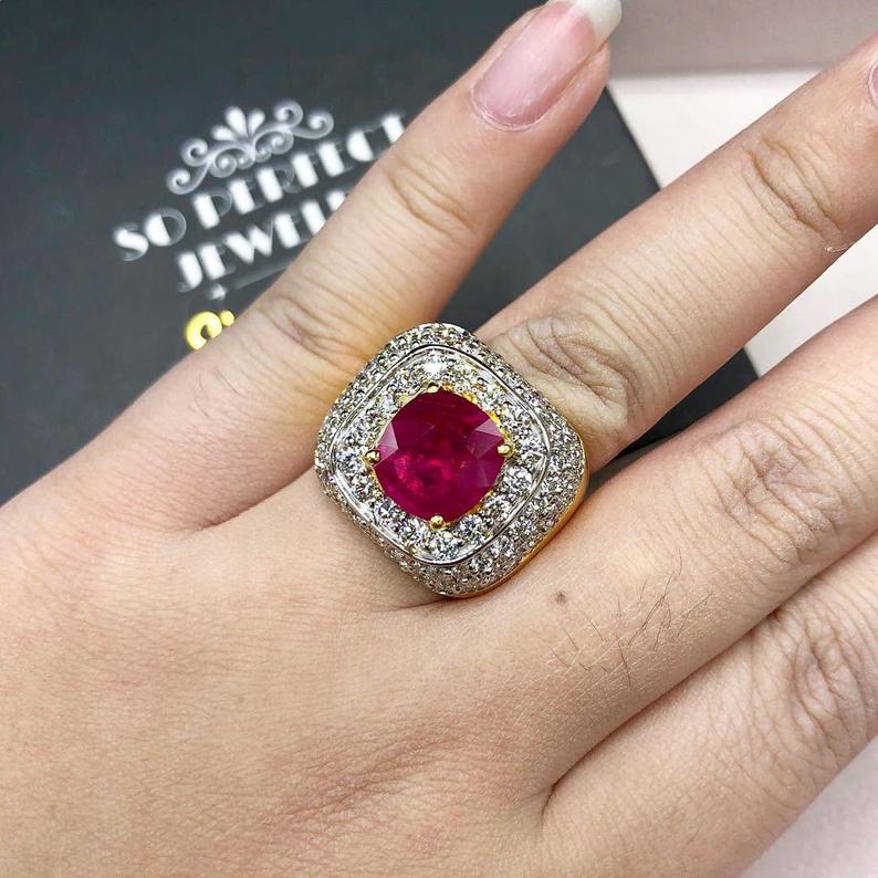 BURMESE 7.20TCW Natural Ruby Diamonds in 18K solid yellow gold ring handmade engagement BURMA certified modern unisex man's mens gentleman