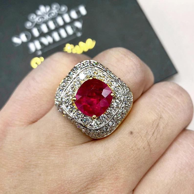 BURMESE 7.20TCW Natural Ruby Diamonds in 18K solid yellow gold ring handmade engagement BURMA certified modern unisex man's mens gentleman