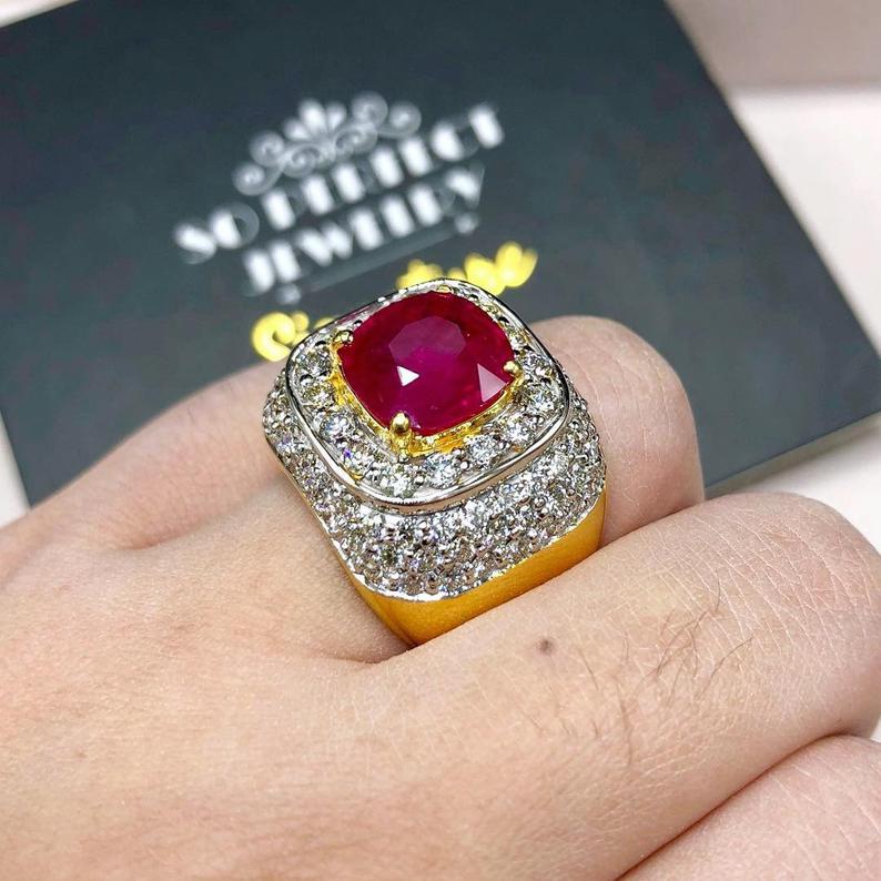 BURMESE 7.20TCW Natural Ruby Diamonds in 18K solid yellow gold ring handmade engagement BURMA certified modern unisex man's mens gentleman