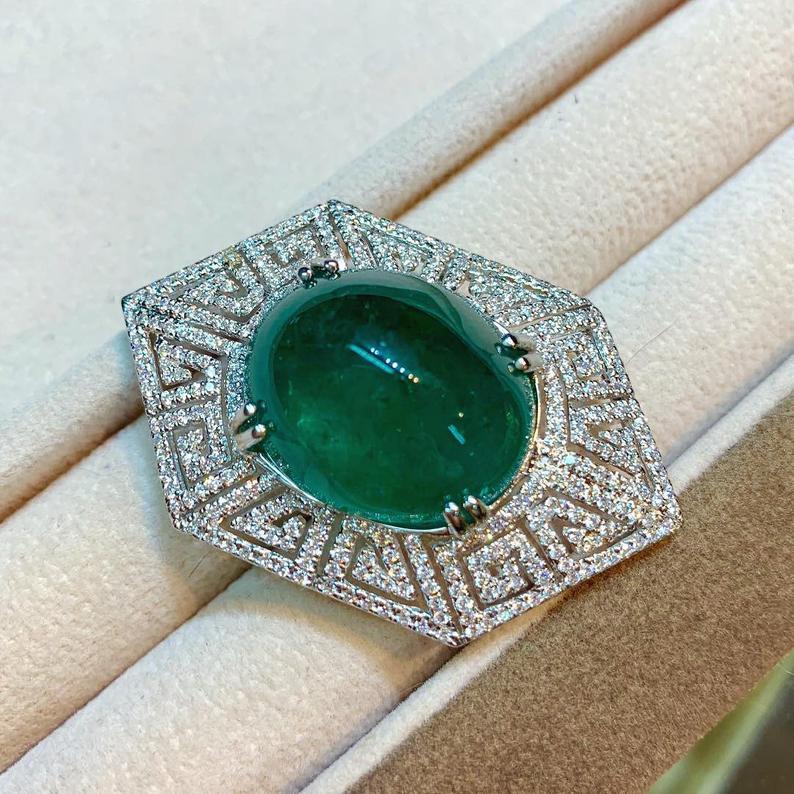 ENORMOUS 36.98TCW Emerald Pendant Cabochon Zambian Natural VS Diamond in 18K solid white gold necklace Art Deco brooch luxury high jewelry