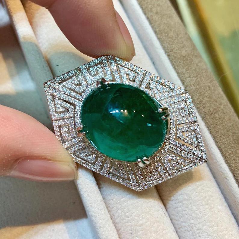 ENORMOUS 36.98TCW Emerald Pendant Cabochon Zambian Natural VS Diamond in 18K solid white gold necklace Art Deco brooch luxury high jewelry