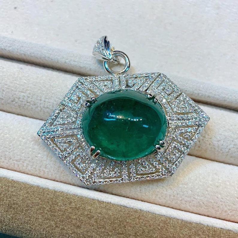 ENORMOUS 36.98TCW Emerald Pendant Cabochon Zambian Natural VS Diamond in 18K solid white gold necklace Art Deco brooch luxury high jewelry