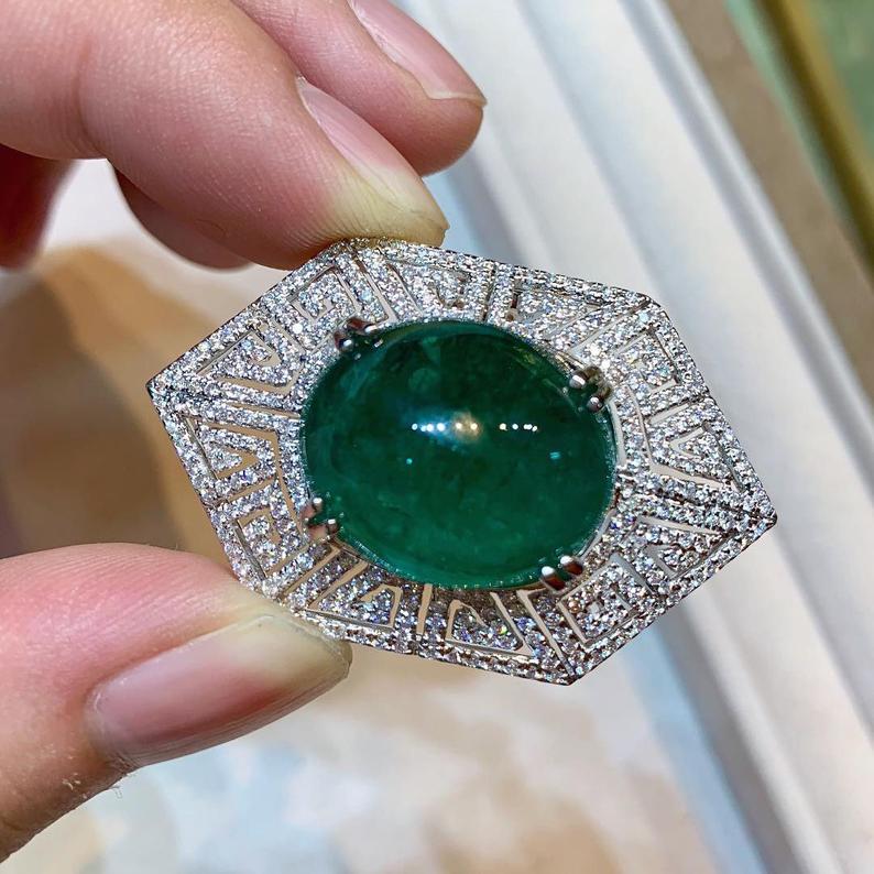 ENORMOUS 36.98TCW Emerald Pendant Cabochon Zambian Natural VS Diamond in 18K solid white gold necklace Art Deco brooch luxury high jewelry