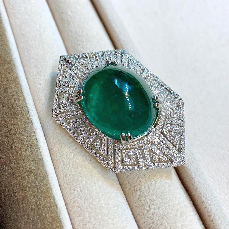 ENORMOUS 36.98TCW Emerald Pendant Cabochon Zambian Natural VS Diamond in 18K solid white gold necklace Art Deco brooch luxury high jewelry