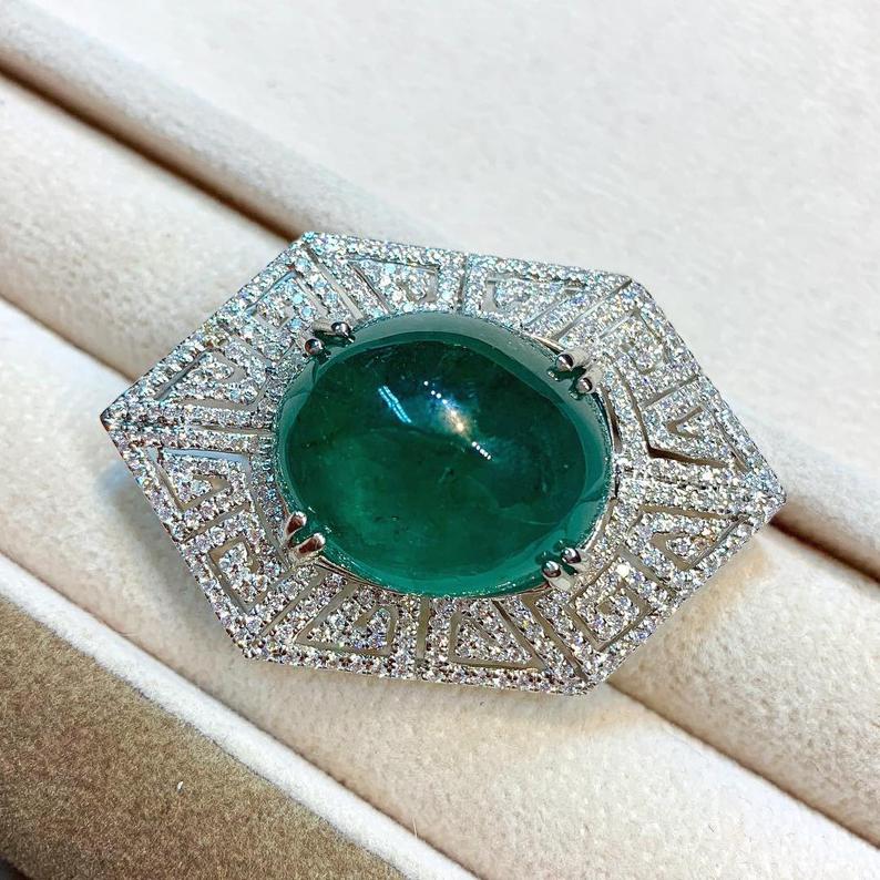 ENORMOUS 36.98TCW Emerald Pendant Cabochon Zambian Natural VS Diamond in 18K solid white gold necklace Art Deco brooch luxury high jewelry