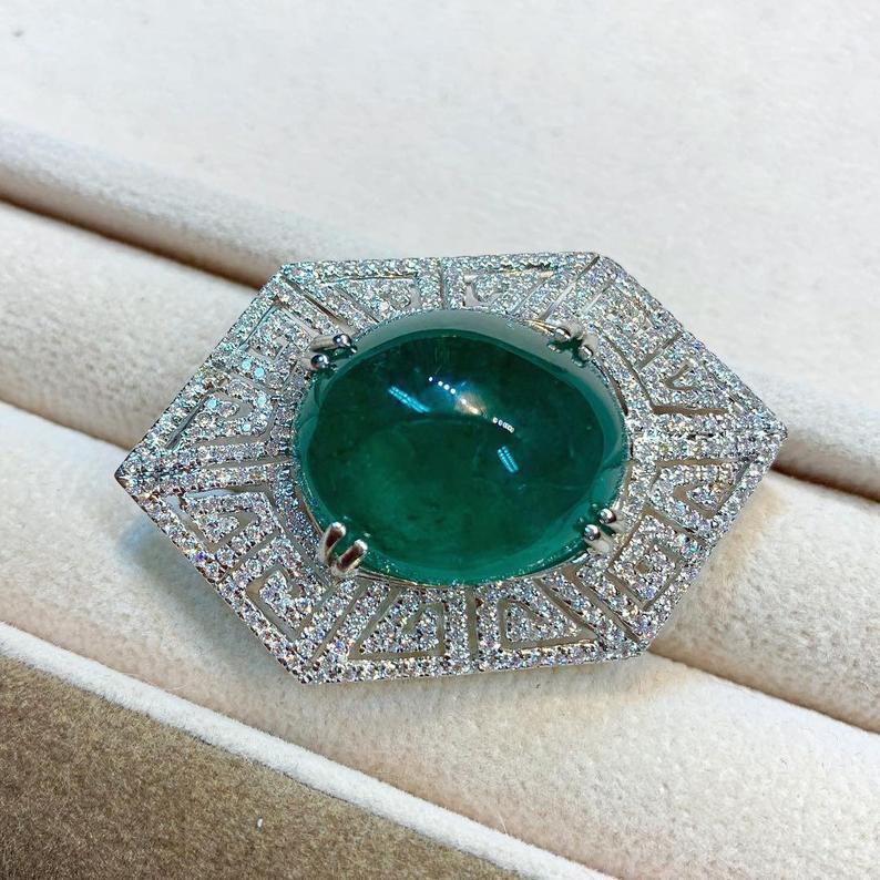 ENORMOUS 36.98TCW Emerald Pendant Cabochon Zambian Natural VS Diamond in 18K solid white gold necklace Art Deco brooch luxury high jewelry