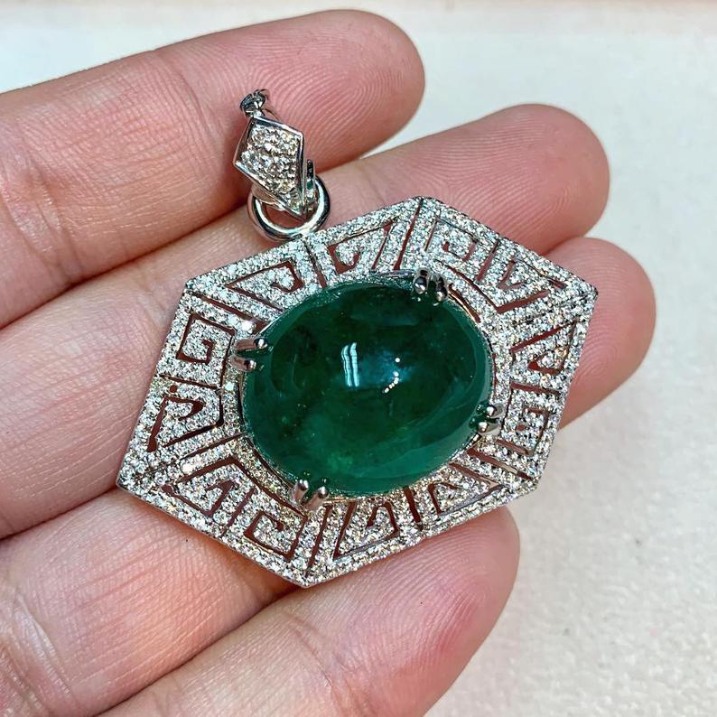 ENORMOUS 36.98TCW Emerald Pendant Cabochon Zambian Natural VS Diamond in 18K solid white gold necklace Art Deco brooch luxury high jewelry