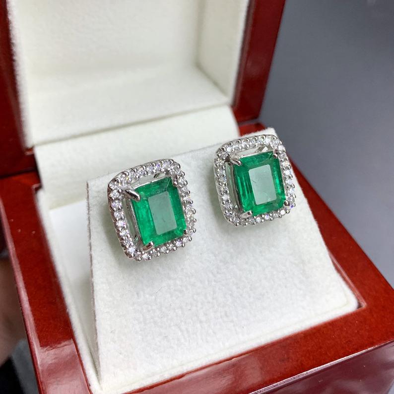 VIVID 4.75TCW Emerald VS Diamonds in 18K solid white gold earrings studs natural certified zambian Colombian halo wedding huge modern simple