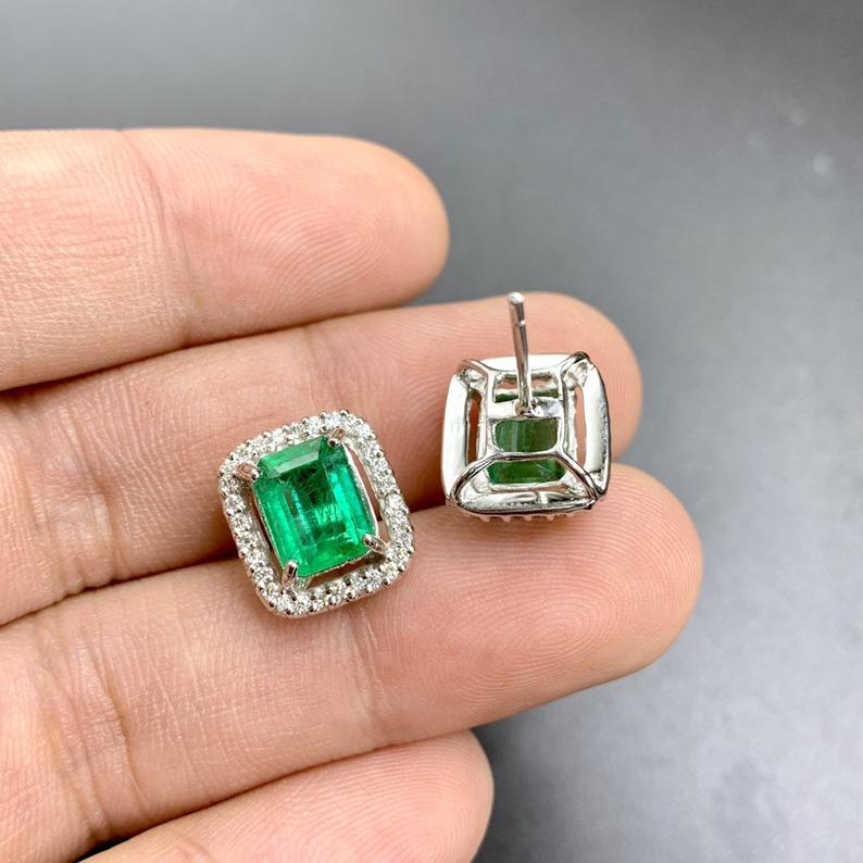 VIVID 4.75TCW Emerald VS Diamonds in 18K solid white gold earrings studs natural certified zambian Colombian halo wedding huge modern simple