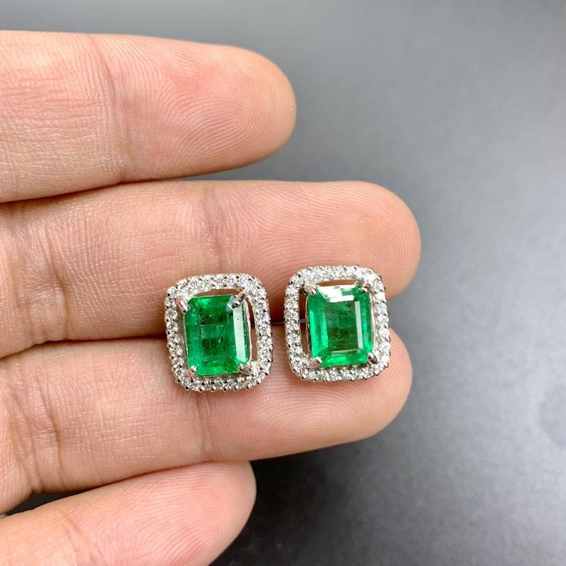 VIVID 4.75TCW Emerald VS Diamonds in 18K solid white gold earrings studs natural certified zambian Colombian halo wedding huge modern simple