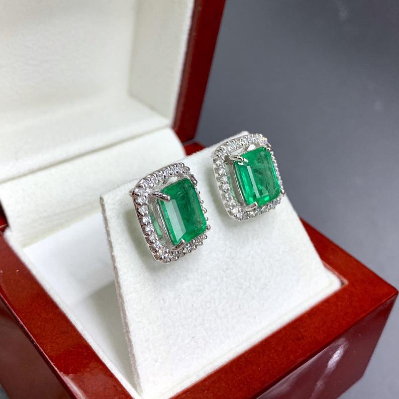 VIVID 4.75TCW Emerald VS Diamonds in 18K solid white gold earrings studs natural certified zambian Colombian halo wedding huge modern simple